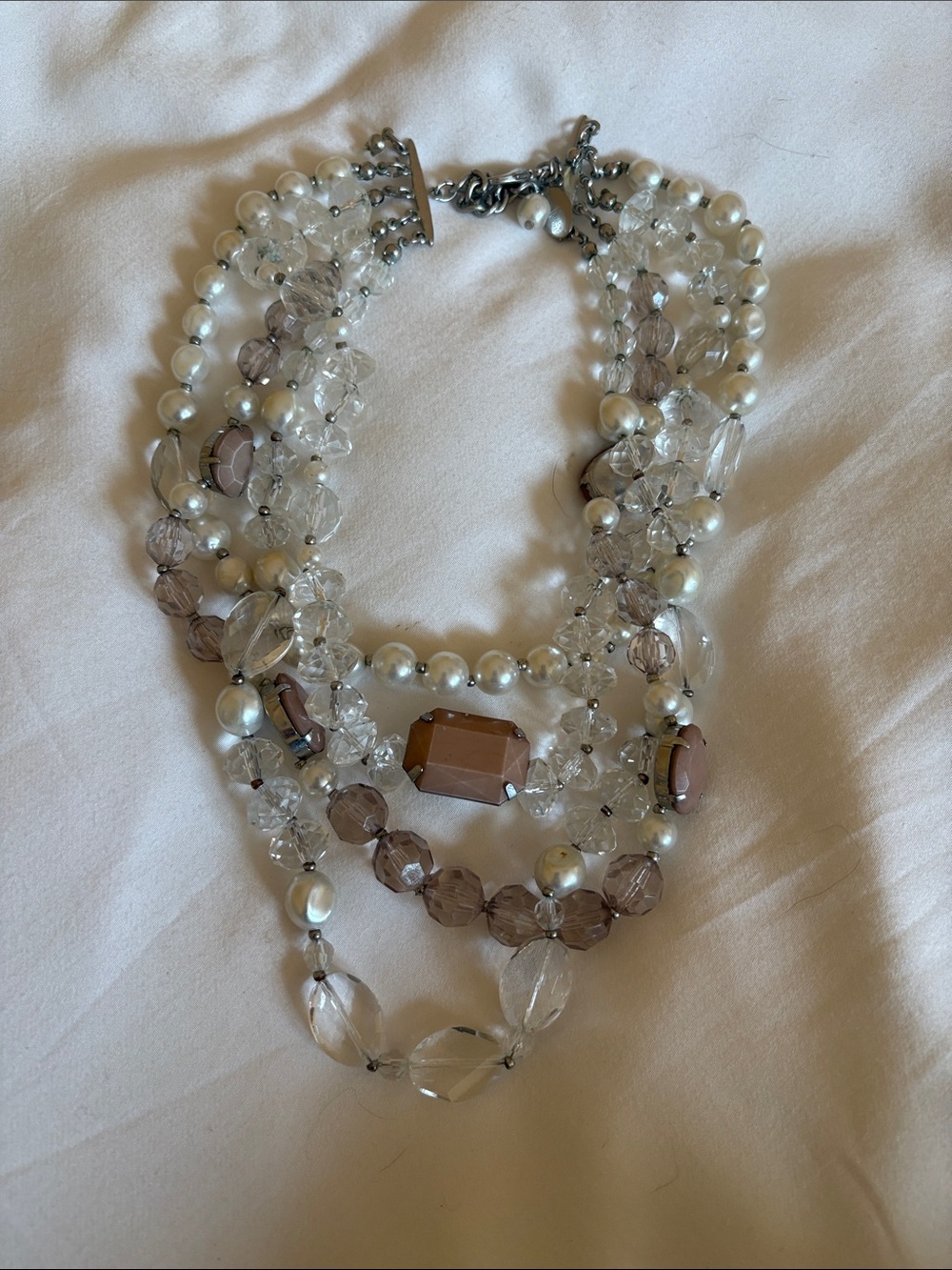 Multi-Strand Pearl & Crystal Statement Necklace - White and Brown